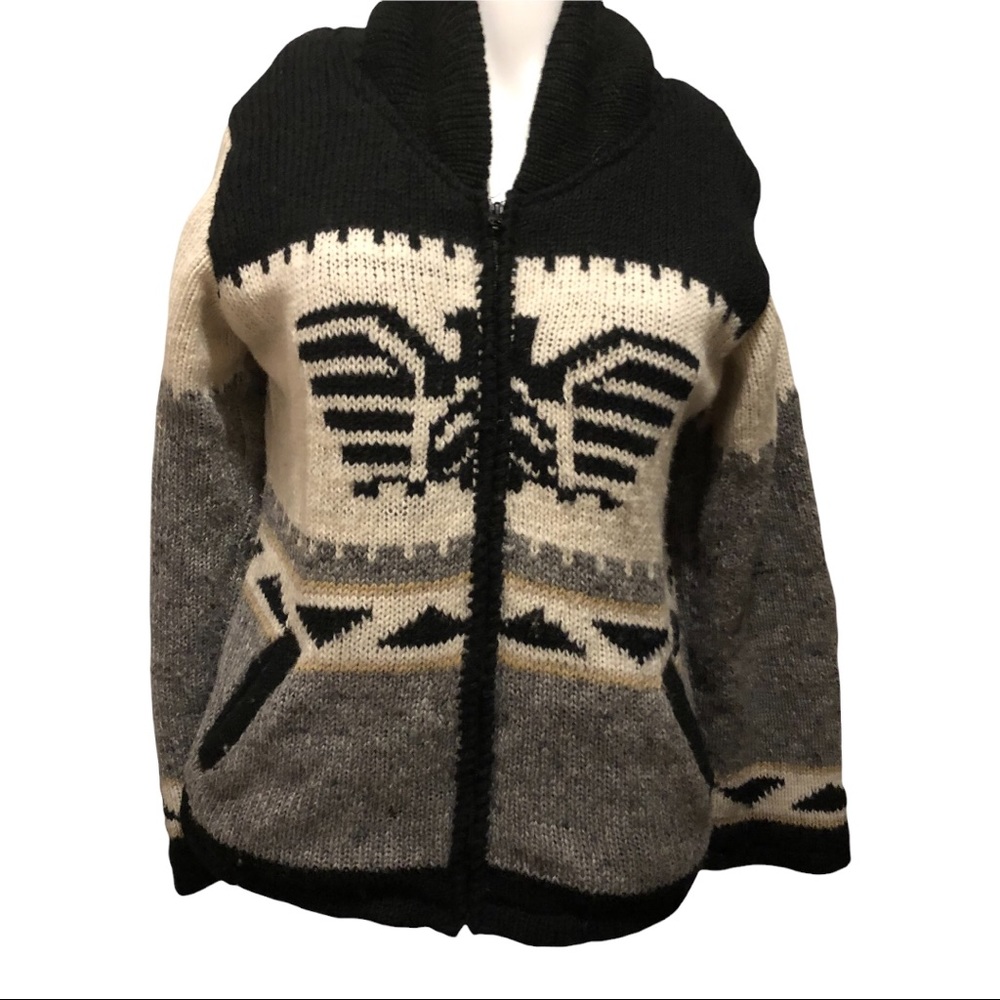 Cowichan-Style Thunderbird Eagle Wool Zip Jacket | Heavy Knit (S)-